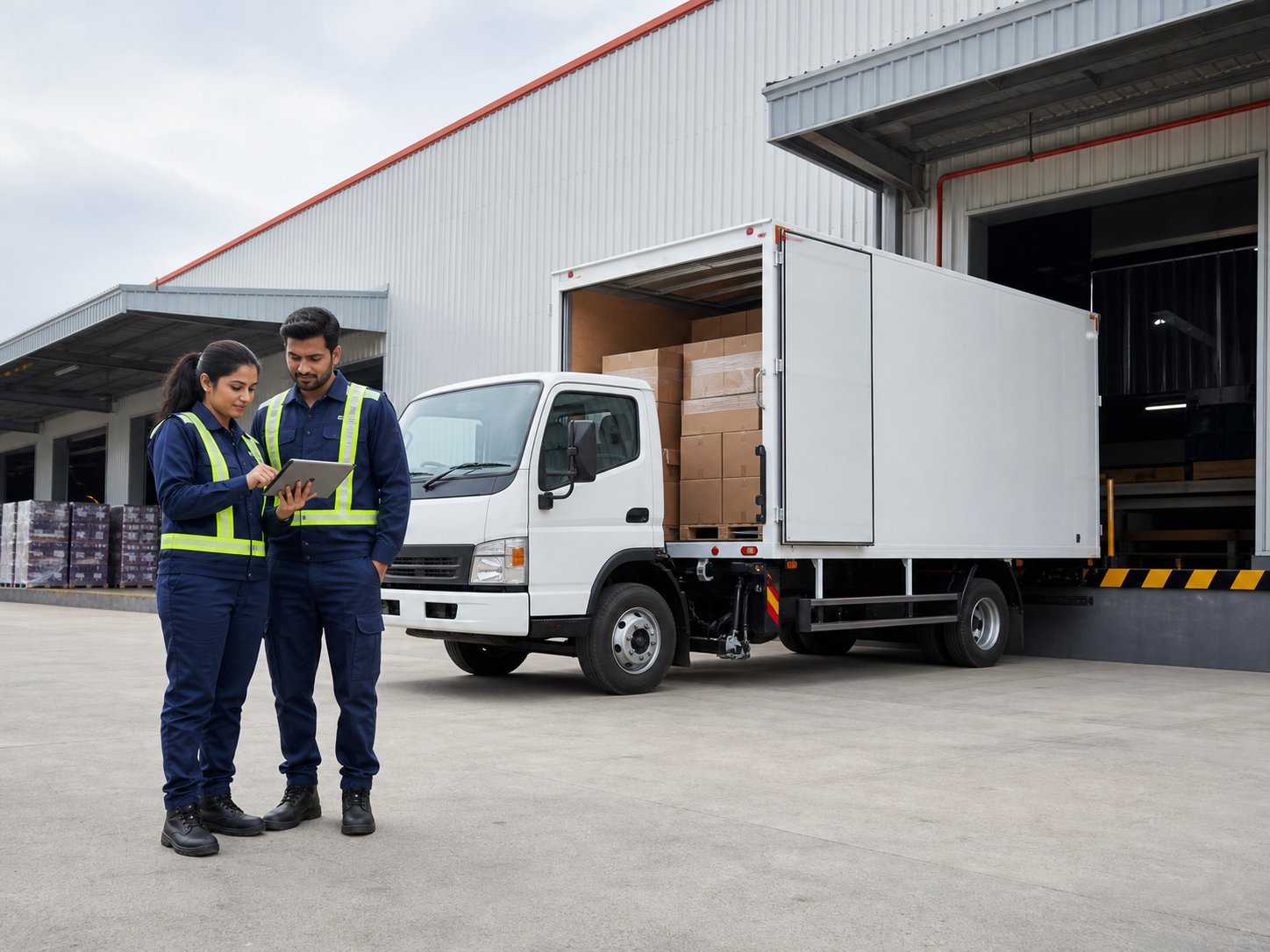 Logistics professionals coordinating a warehouse delivery